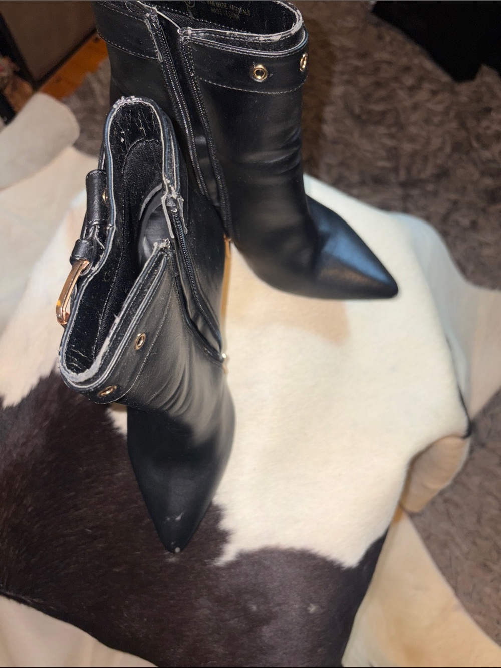 Liliana Black Pointed Toe Mid-Calf Ankle Boots with Gold Eyelet Detail